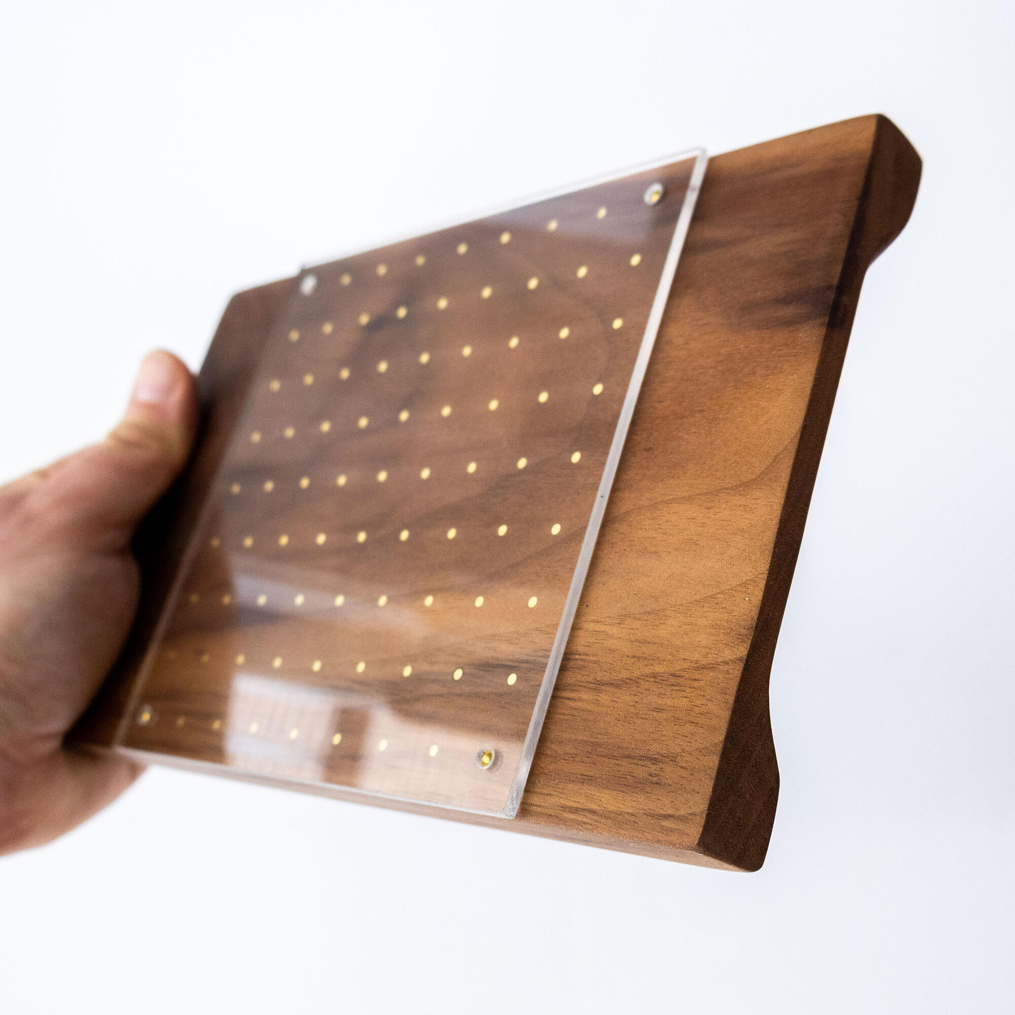 Handmade walnut Dots and Boxes board with clear acrylic top and 8×8 brass‑pin grid