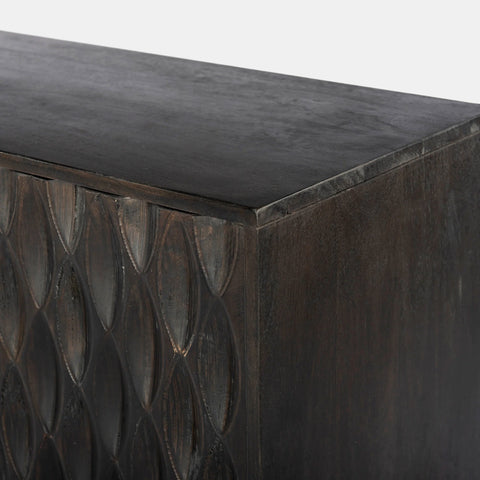 Solid mango wood sideboard in grey finish corner detail.