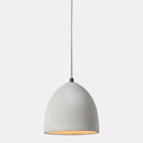 contemporary industrial concrete pendant lamp with grey fabric cord and chrome ceiling canopy.