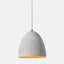 contemporary industrial concrete pendant lamp with grey fabric cord and chrome ceiling canopy.