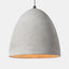  contemporary industrial concrete pendant lamp with grey fabric cord and chrome ceiling canopy. detail of concrete shade