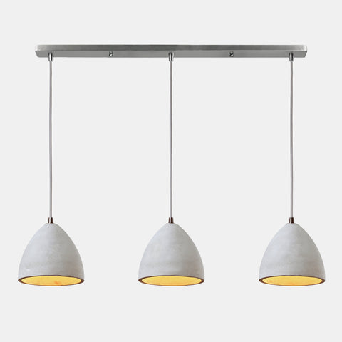 Suspended light with 3 concrete shades, grey cord & chrome ceiling mount.