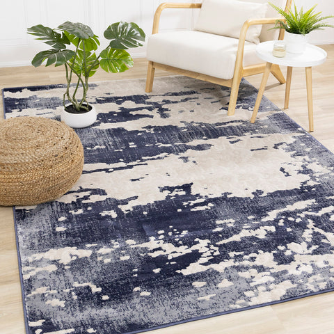 Alida Distressed Rug - Blue Cream in living room setting