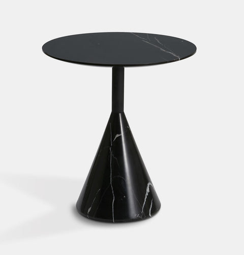 20" Round, modern black marble side table with cone base
