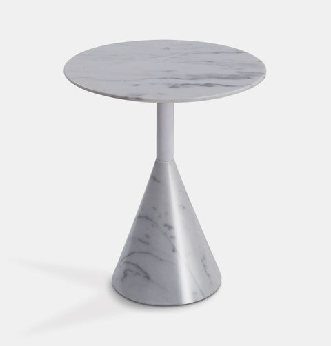 20" Round, modern white marble side table with cone base