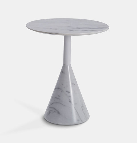 20" Round, modern white marble side table with cone base