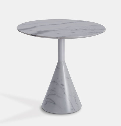 24" Round, modern white marble side table with cone base