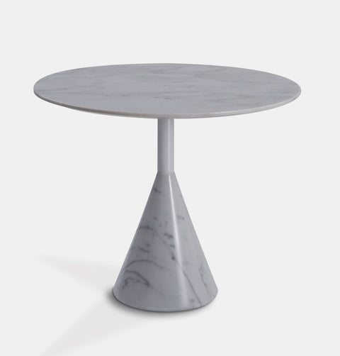 28" Round, modern white marble side table with cone base