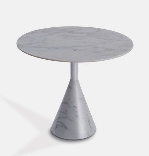 28" Round, modern white marble side table with cone base