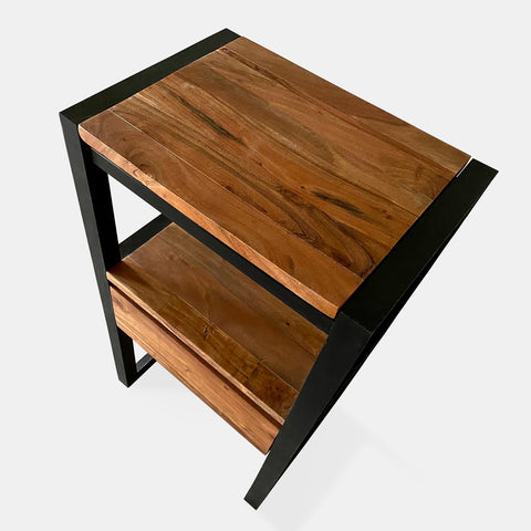 Night table in solid acacia wood with a black iron frame and one drawer.