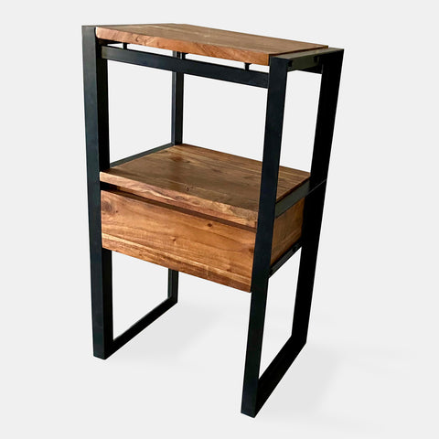 Night table in solid acacia wood with a black iron frame and one drawer.