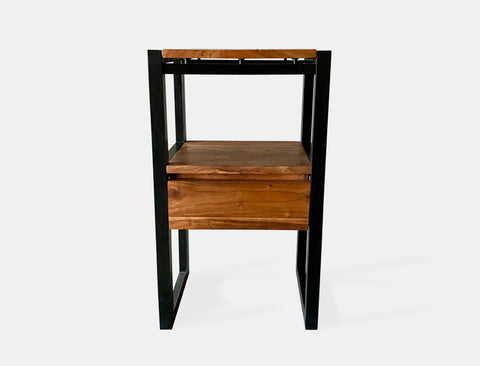 Night table in solid acacia wood with a black iron frame and one drawer.
