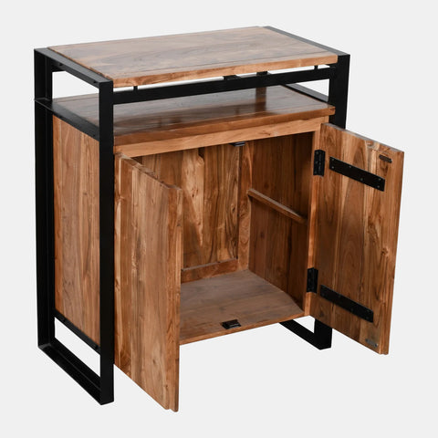 Sideboard buffet in solid acacia wood with a black iron frame. One shelf and two doors shown opened.