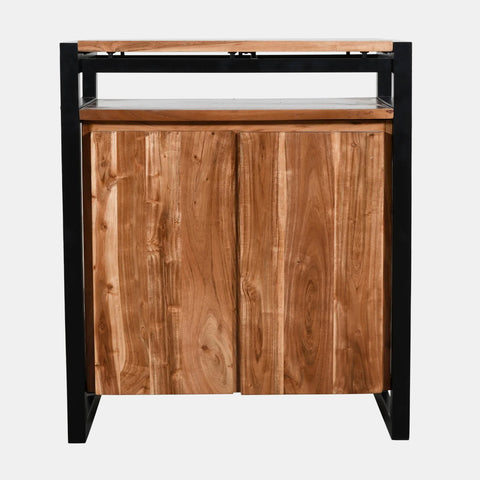 Sideboard buffet in solid acacia wood with a black iron frame. One shelf and two doors.