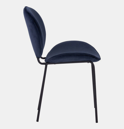 Navy velvet modern Scandinavian dining chair with black metal legs.