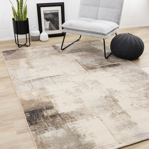 Aurora Distressed Rug - Cream Brown in living room setting