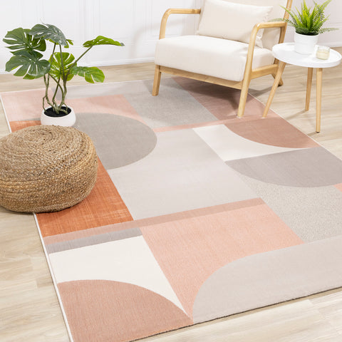  Belle Plush Rug - Pink / Grey Geometric Pattern in living room