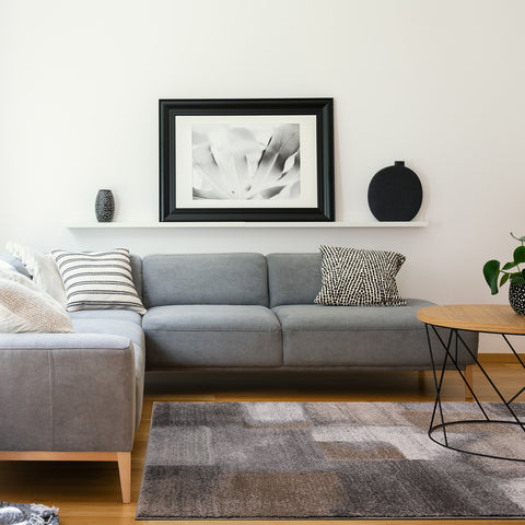 Breeze Rug - Grey & Brown Patches in living room setting