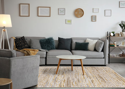 Calabar Distressed Rug - Yellow Grey in living room setting