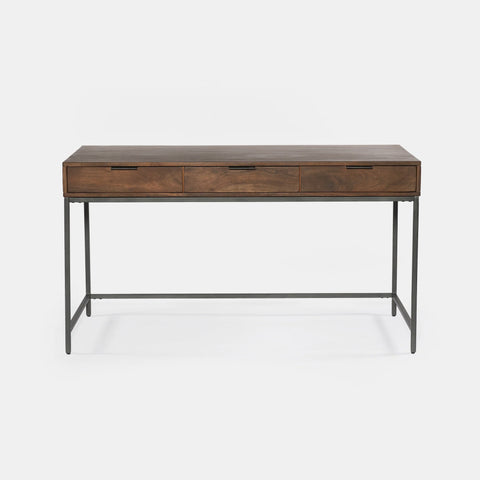 Solid acacia wood desk in honey brown finish with industrial black metal frame. Showing only the desk.