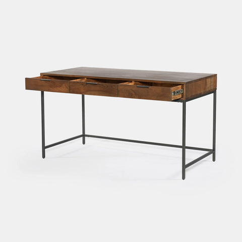 Solid acacia wood desk in honey brown finish with industrial black metal frame. Showing only the desk with all 3 drawers open.