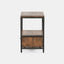 Solid acacia wood nightstand in honey brown finish with industrial black metal frame.