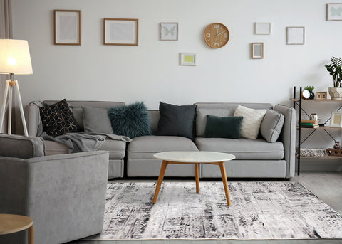 Chorus Distressed Rug - Black & White in living room setting