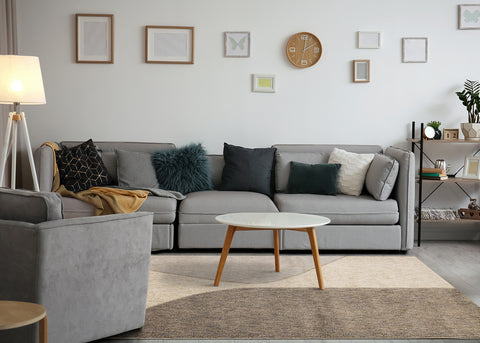 Cora Rug - Taupe Beige Curves in living room setting