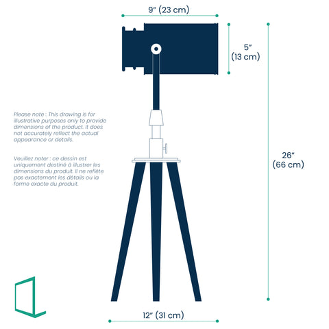 photographer tripod lamp in antique bronze finish with dark brown wood legs. Dimensions