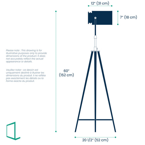 Dimensions of Photographer floor lamp with wooden tripod base, and antique brass finish