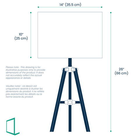 Dimensions of Tripod table tamp with black base and white linen shade