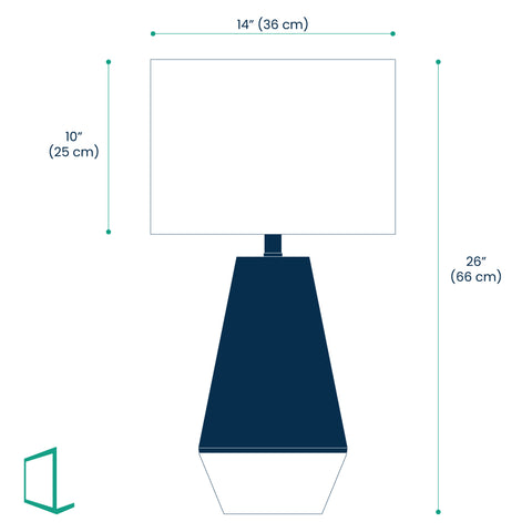 Dimensions of table lamp with matte black and gold metal base, and white linen drum shade.