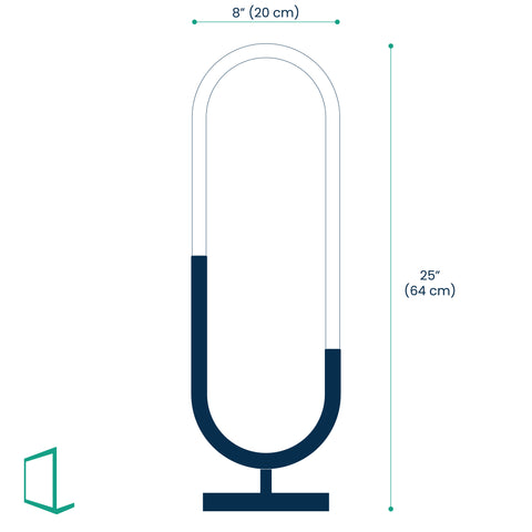 minimal LED table lamp. Oval tube half black metal, half LED diffuser sitting on a circular base. dimensions