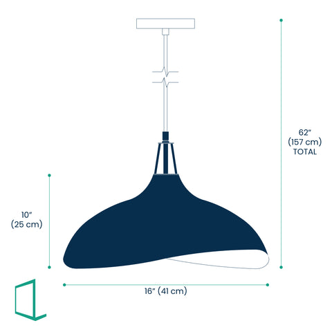 Dimensions of Matte white metal pendant lamp with a black cord and black canopy.