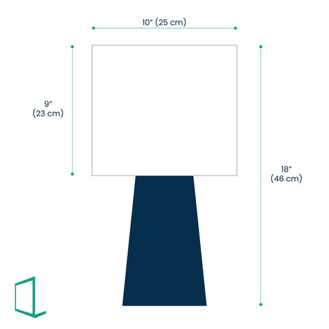 Dimensions of Table lamp with off-white drum shade and white quartz base.