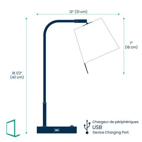 Dimensions of task lamp including a USB port.