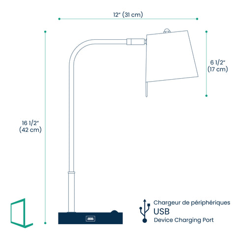 Dimensions of Stainless steel arm & shade task lamp with a black base incluing a USB port.