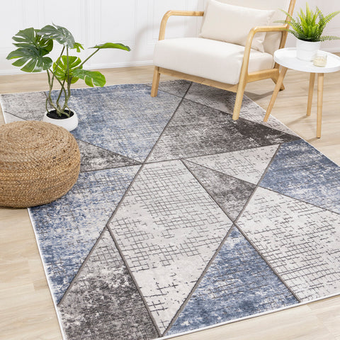 Darcy Angular Carved Pile Rug - Blue Grey in living room setting