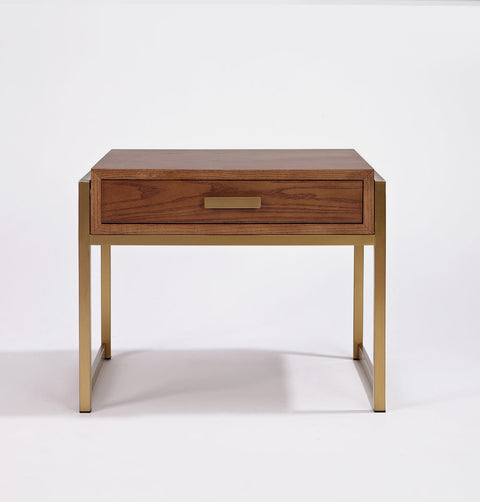 Bedside table with one drawer in MDF with walnut veneer & gold stainless steel frame.