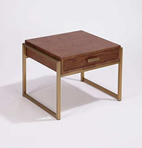 Bedside table with one drawer in MDF with walnut veneer & gold stainless steel frame.
