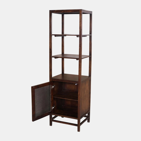 Solid reclaimed mango wood bookcase in dark brown finish. Bottom door shown open.