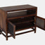 Solid reclaimed mango wood sideboard in dark brown finish. Both doors opened.