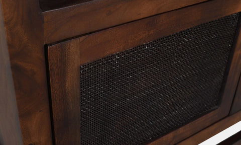 Solid reclaimed mango wood sideboard in dark brown finish. Doors detail.