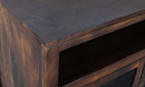 Solid reclaimed mango wood sideboard in dark brown finish. Open shelf detail.