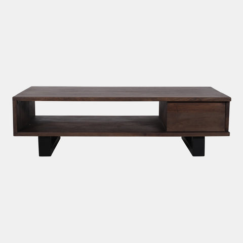 Solid acacia wood coffee table in deep brown finish.