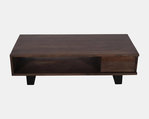 Solid acacia wood coffee table in deep brown finish.
