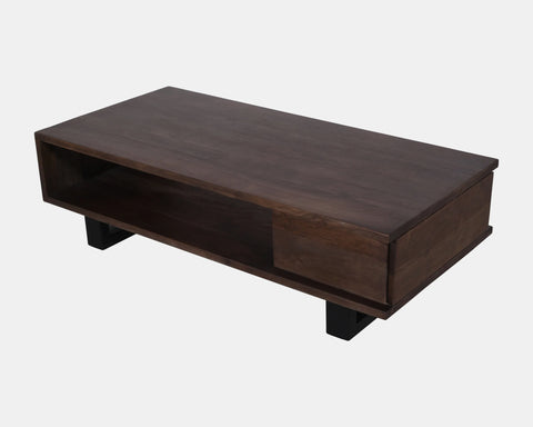 Solid acacia wood coffee table in deep brown finish.