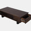 Solid acacia wood coffee table in deep brown finish showing drawer opened.