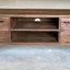 Solid acacia wood media cabinet in charcoal brown finish.