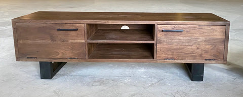 Solid acacia wood media cabinet in charcoal brown finish.